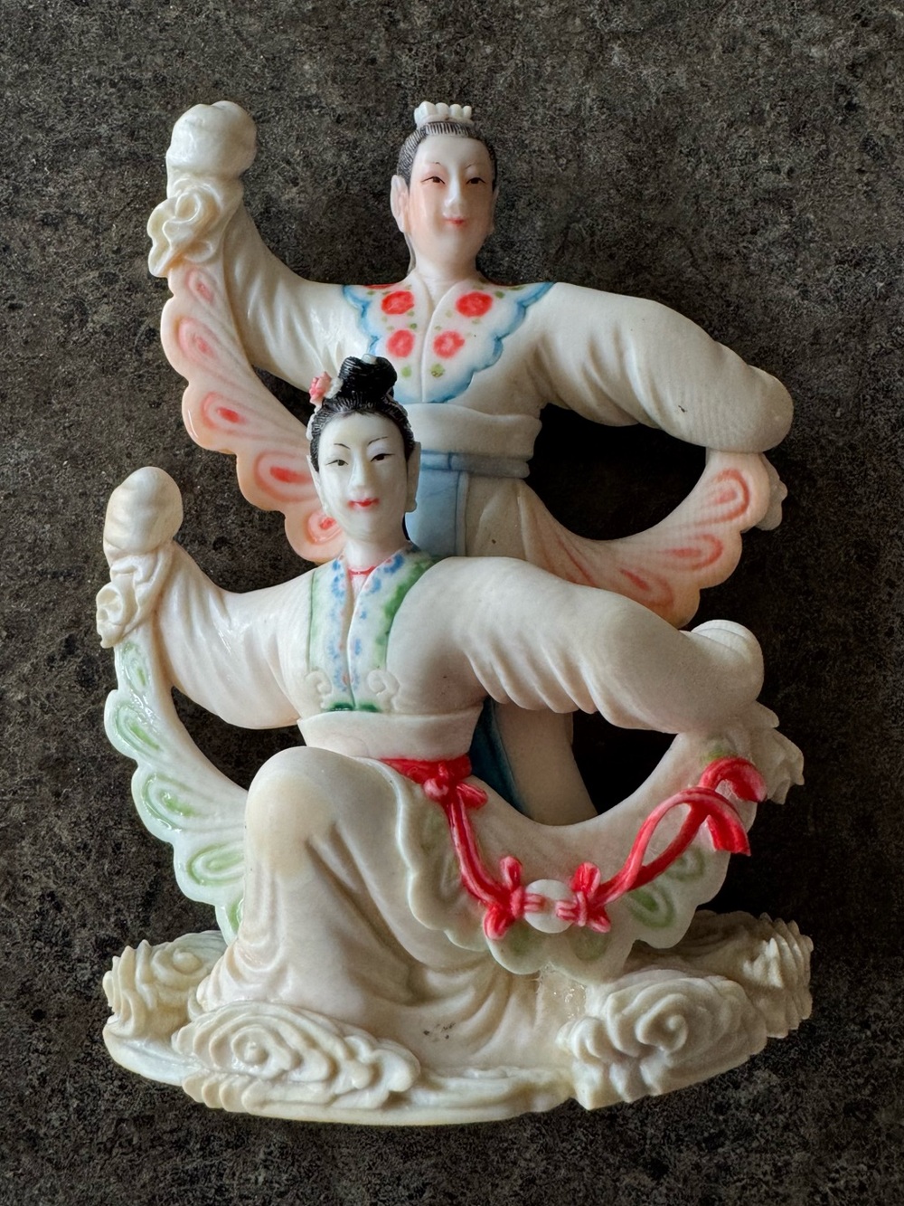 Vintage Painted Celluloid Asian Chinese Butterfly Dancers Figure Figurine